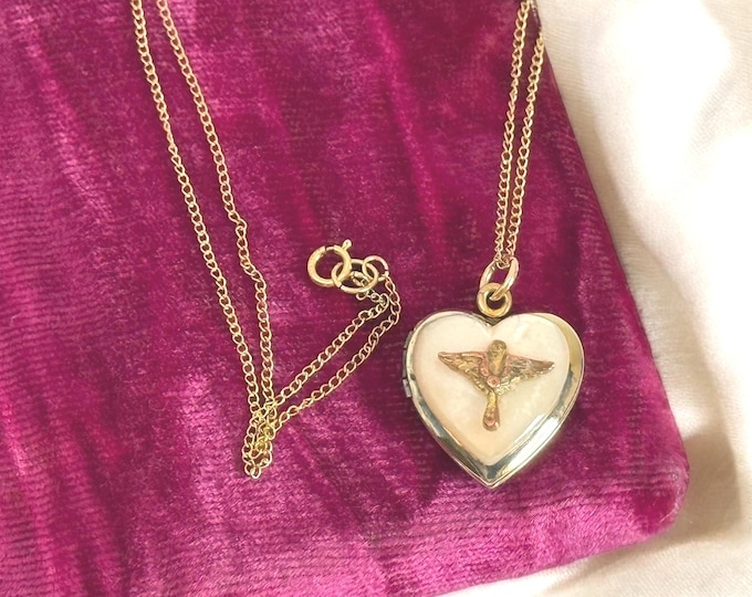 Vintage US Army Air Corp Logo MOP Heart Locket - Gold Filled Necklace - WWII Era 2 Photo Keepsake Pendant on 14K gf Chain - ca 1940s Jewelry