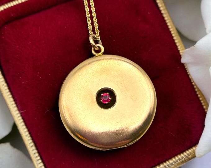 Antique Gold Filled Locket Necklace – Pink Rhinestone, CQ&R, 1900s, Vintage, Memorial Jewelry, Photo Remembrance Round Locket, Gift for Her