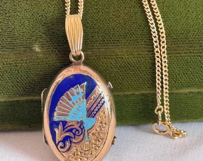 Victorian Oval Locket: Enamel Fan, 14K Gold Filled Chain, Antique Jewelry