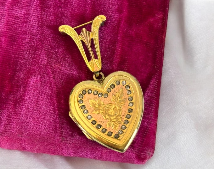 Antique 10K Gold Filled Locket Brooch 2 Photo Heart on Ornate Harp Pin - Two tone Flower - Bliss Bros BB Mark - Hanging Pendant & Paste Gems