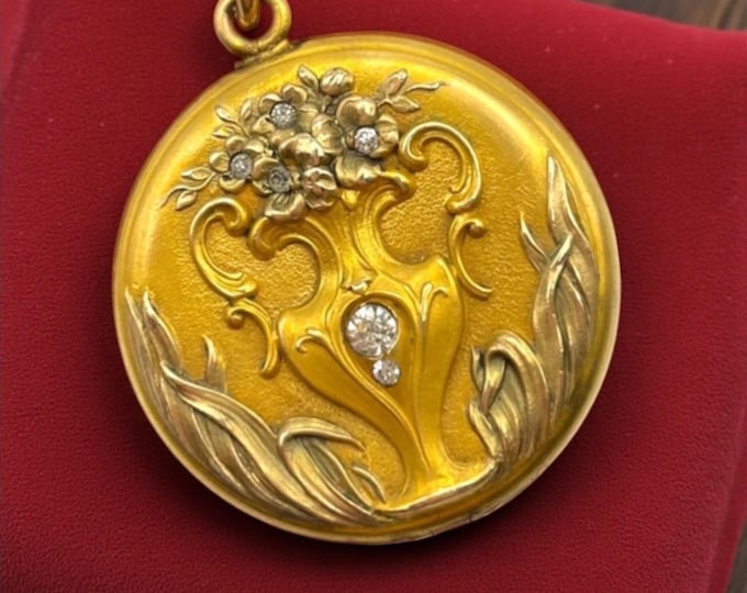 Antique Art Nouveau Gold Filled Locket: Repousse Floral Paste Gemstone Necklace
