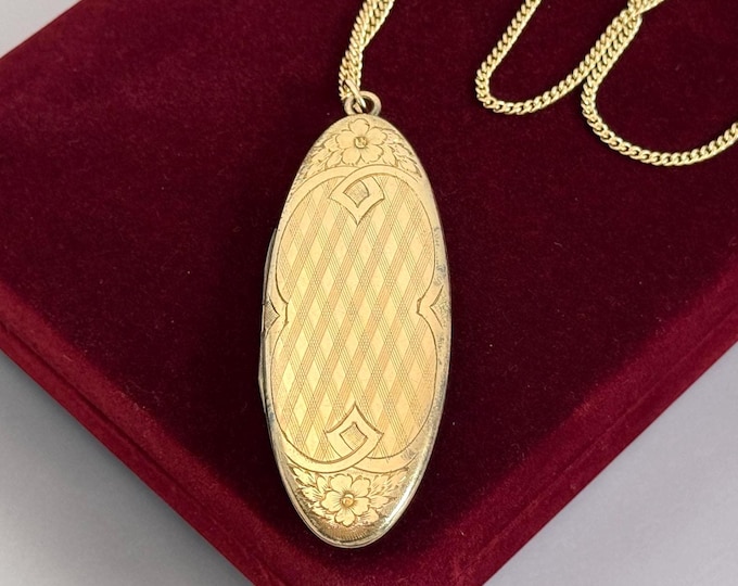 Antique LARGE Oval Gold Filled Floral Locket Necklace, Etched Design, 2 Photo Wells