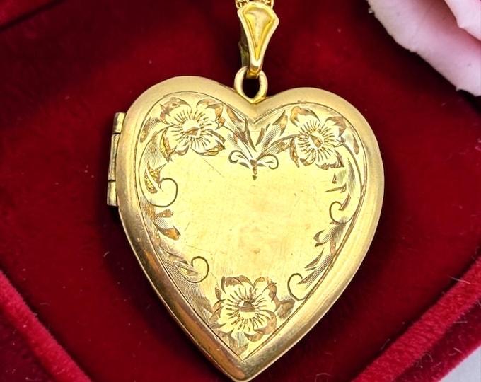 Vintage Etched Floral Heart Locket – 12K GF Pendant, 14K GF Chain