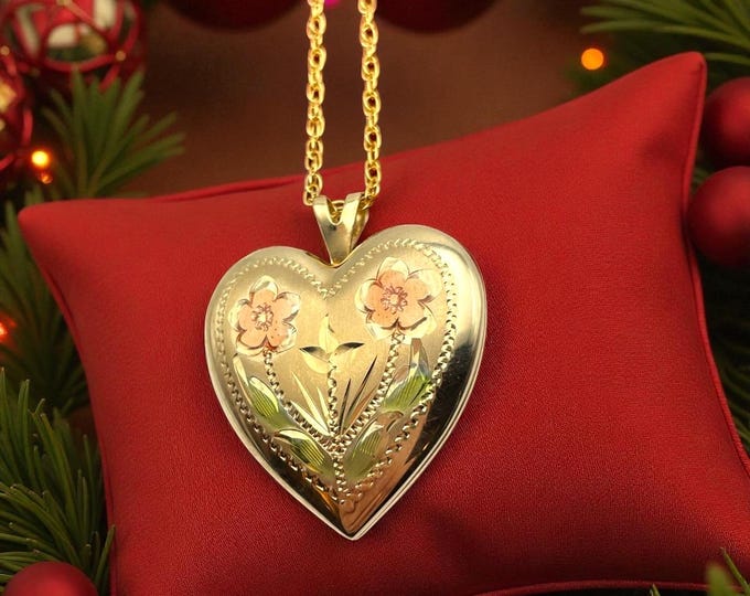 Vintage 14K Gold Filled Heart Locket Necklace – Floral Etched Photo Charm PPC