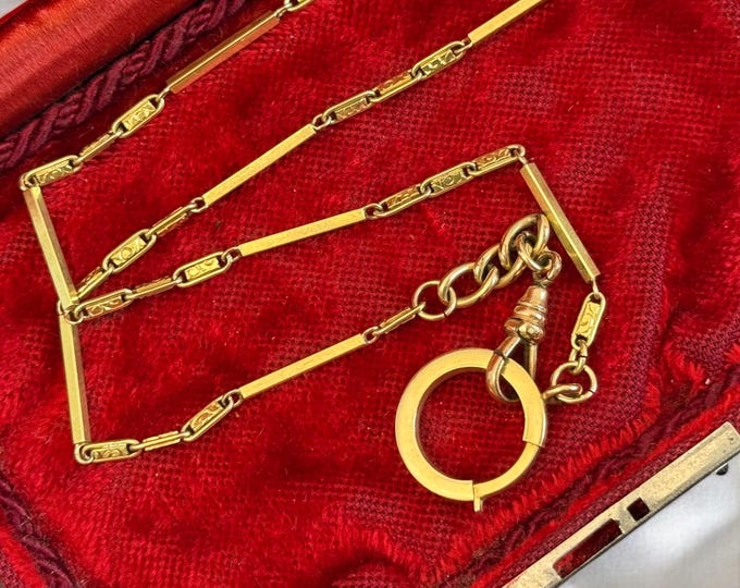 Vintage Gold Filled Bar Link Pocket Watch Chain Necklace w/ Dog Clip Clasp for Charms - Unique Choker Length Chain - Antique Estate Jewelry