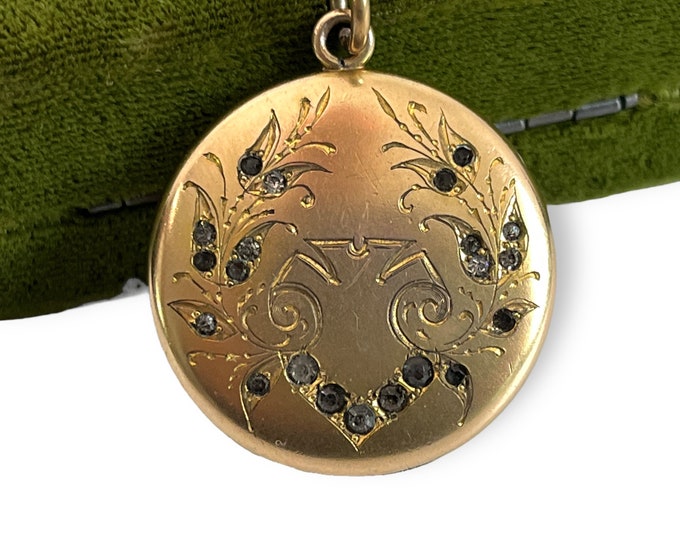 Antique Gold Filled Round Locket w/ Paste Stones W&H CO Hallmark on 14K GF Specialty Chain - Vintage 2 Photo Pendant - ca Early 1900s