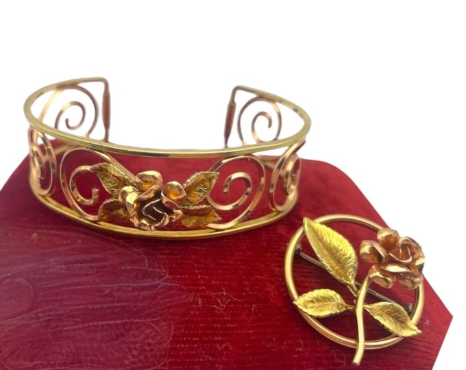 Vintage Krementz Gold Overlay Rose Jewelry Set: Bracelet, Earrings & Pin