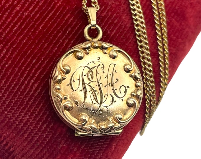 Vintage Gold Filled Round Locket Necklace - Monogrammed RJA Etched Repousse Edge - Photo Pendant 12K GF Chain by HFB Barrows Gift for Her