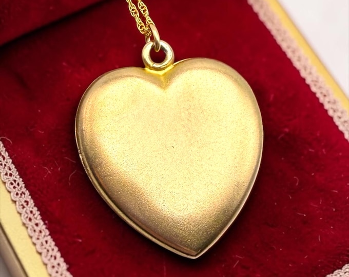 Large Gold Heart Locket: Antique Gold Filled Necklace Vintage Pendant with Matte Finish on 14K GF Chain