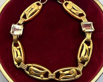 Vintage Art Deco Style Gold Filled Bracelet with Glass Stones - 12K GF Jewelry with Delicate Links and Rhinestone Paste Stones