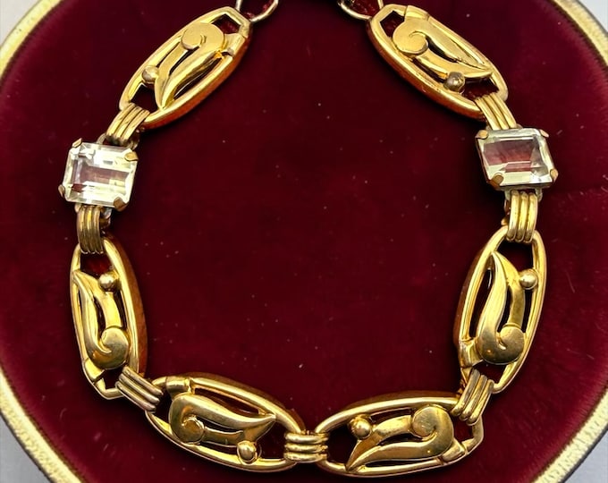 Vintage Art Deco Style Gold Filled Bracelet with Glass Stones - 12K GF Jewelry with Delicate Links and Rhinestone Paste Stones