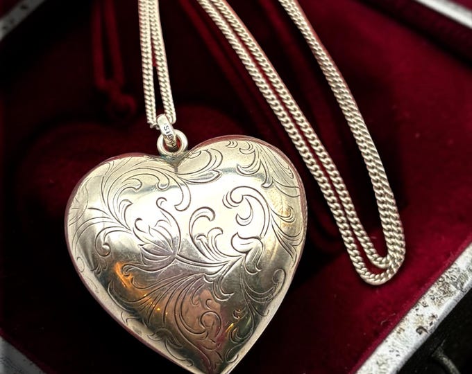 LARGE Vintage Silver Heart Pendant - 925 Sterling HUGE Etched Puffy Heart Necklace - Heart with 26'' Long Chain, Unique Statement Gift