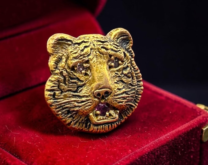 Vintage 12K Gold Filled Tiger Head Brooch: Spinel Eyes, Tanzanite Mouth, Detailed Pin