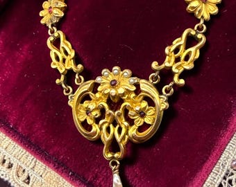 Vintage Gold Plated Flower Necklace: Baroque Pearl, Pink Rhinestones Seed Pearls, Wedding Jewelry, Gift for Her, Antique Victorian Heirloom