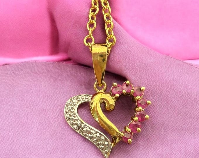 Vintage Vermeil Heart Pendant w/ Red Spinel Gems on 14K GF Chain: Sweetheart Necklace
