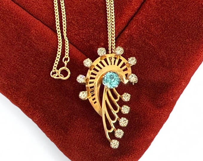 Vintage 12K Gold Filled Van Dell Converter Brooch Necklace - Retro Mid Century Flower Pin w/ Blue & Clear Glass Gems on 14K GF Chain