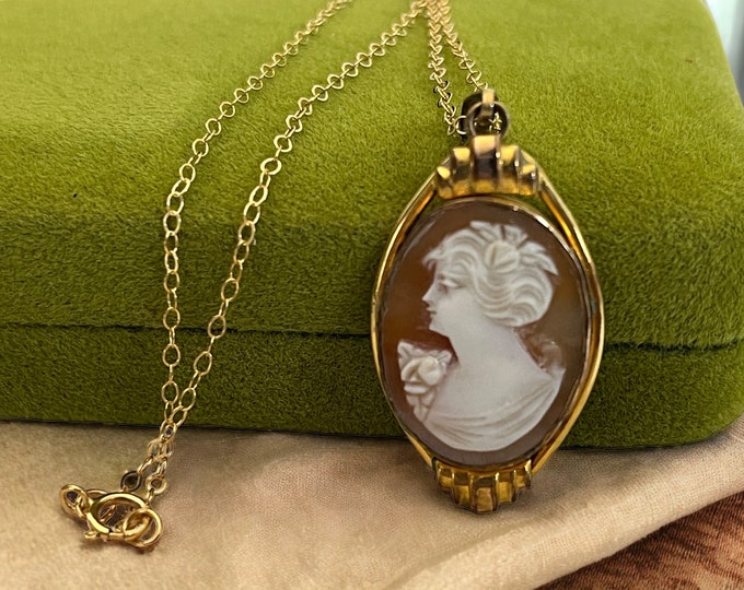 Vintage 10K Gold Filled Carved Oval Cameo Pendant Necklace w/ Repousse Edges 14K GF Chain - Retro Era Estate Jewelry w/ AMCO Hallmark