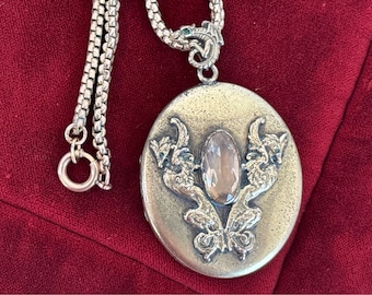 Vintage Oval Brass Locket w/ Glass Simulated Smoky Quartz - Dragons on Front & Bale DC Initials - 2 Photo Wells - Heavy Chain - Unique LARGE