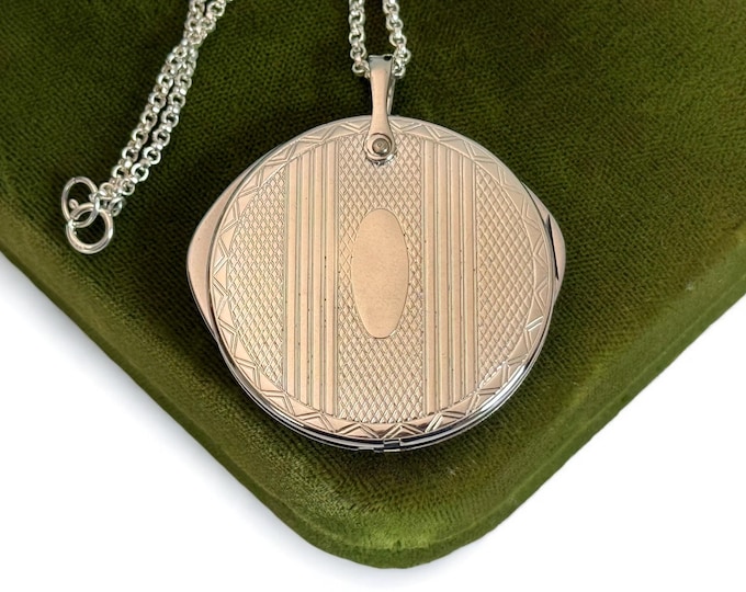 Art Deco Pendant w/ Cigar Cutter on Sterling Silver Chain - Unique Etched Vintage Round Stainless Steel Pendant Necklace - Estate Jewelry