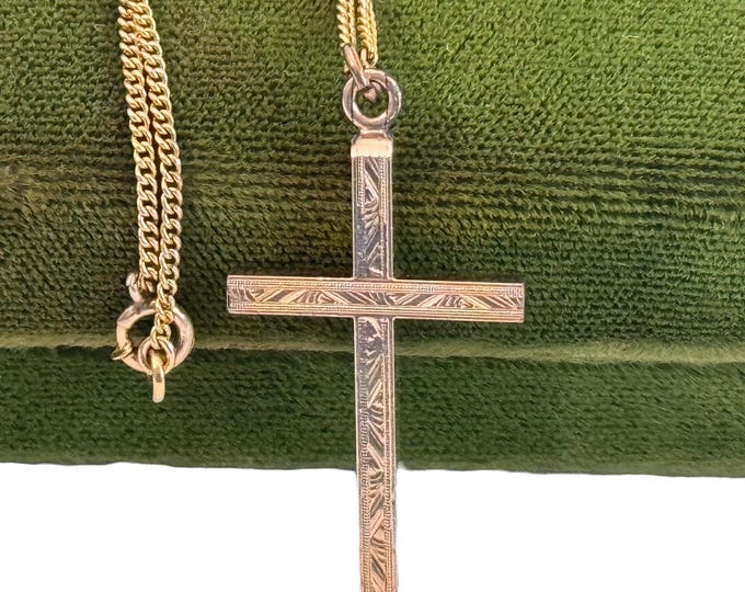 Vintage Gold Plated Cross Etched on 12K GF Chain -  Mid century Retro Religious Christian Pendant Necklace - Estate Jewelry - Gift for Her