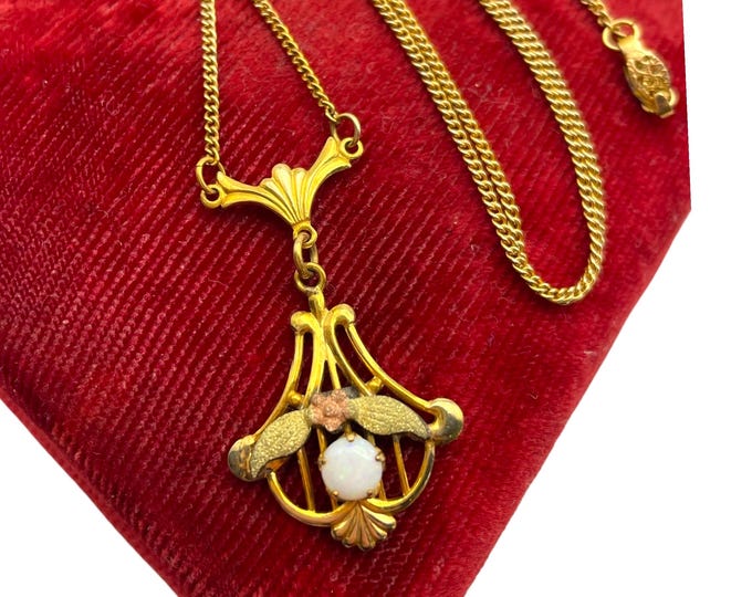 Vintage Art Deco CHEEVER TWEEDY CT Opal Stone 10K Gold Filled Necklace Lavalier Pink Flower Green Leaves Retro Estate Jewelry Gift for Her