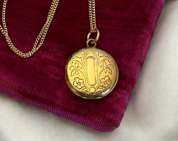 Antique 10K Gold Filled Locket Necklace: Art Nouveau Floral Pendant, 14K GF Chain