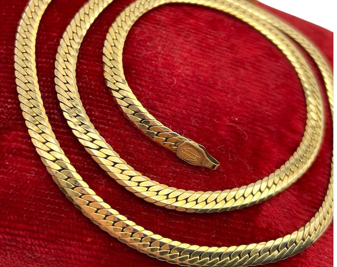 Vintage Gold Necklace - 14K Yellow Gold Filled GF Flat Herringbone Chain 4mm 18.5" Layering Retro Estate Minimal Jewelry Unique Gift for Her