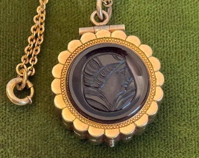 Antique Intaglio Locket Gold Filled Necklace - Carved Man Bust & Banded Agate Round Pendant w/ Photo Well on 14K GF Chain - Estate Jewelry