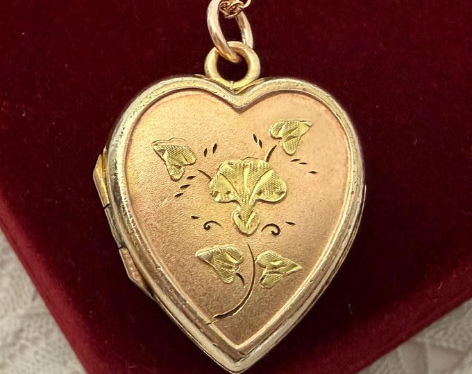 Vintage Two-Tone Heart Locket Pendant: Rose Gold Filled, Leaf Design, 18" Chain