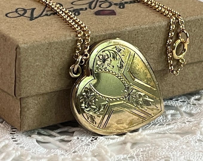 Vintage Etched Heart Shape Gold Filled Photo Locket Pendant on 14K GF Chain - P&K Hallmark w/ 2 Photo Wells - “Timeworn Treasure” Necklace