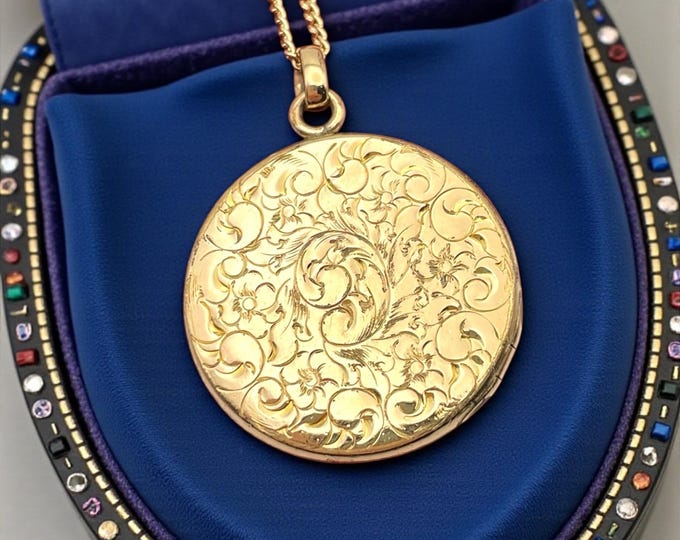 Antique Gold Filled Locket Necklace: Monogrammed Letters "LET" Floral Etched Pendant by JFSS Co