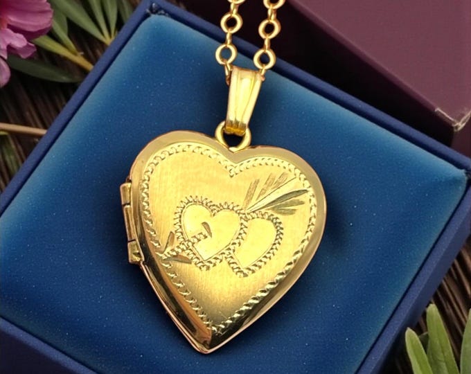 Vintage Gold Filled Heart Locket: 12K GF Etched Hearts Arrow Cupid Necklace - Petite Small Sweetheart Photography Jewelry 14K GF Chain