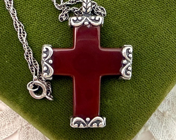 Vintage Carved Carnelian Cross Necklace: 925 Sterling Silver Chain, Religious Pendant