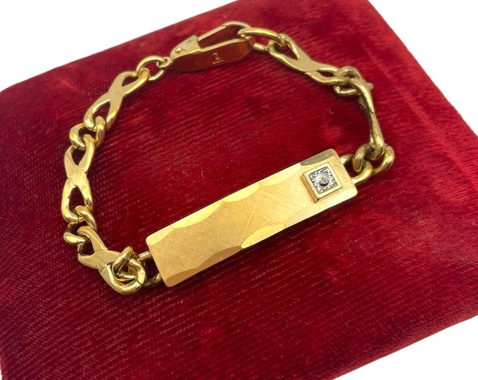 Vintage Pierre Cardin Bracelet - Goldtone Gold Colored Brushed Finish Chunky Link ID Jewelry with Diamond Retro 1970s Designer Bracelet