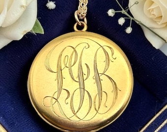 Antique Gold Filled Locket – Large Round Edwardian Monogram Letters "LJB" Necklace Vintage Jewelry by W&SB, Memorial Jewelry, Gift for Her