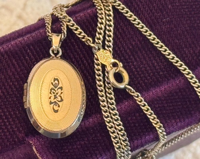Vintage Gold Plated Oval Locket on 12K GF Chain - Small Petite Etched Black Enamel Flower Necklace w/ 2 Photo Wells - Retro Estate Jewelry