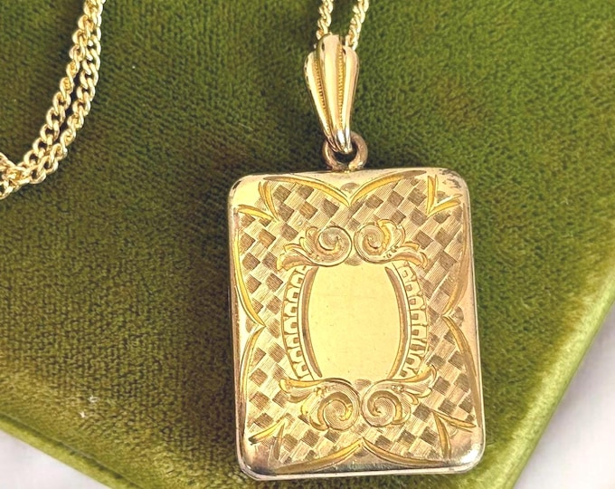 Vintage Rectangle Gold Filled Locket w/ Etched & Chased Ornate Design on 14K GF Chain Antique ca 1910 - Necklace 2 Photo Pendant - Gift Her