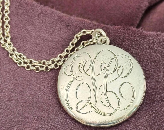 Vintage Round Sterling Silver Locket Necklace, ELC Monogram, 925 SS Chain