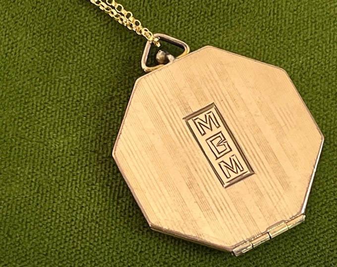 Vintage Gold Plated Locket Necklace: Etched Octagon Monogram, 14K GF Chain