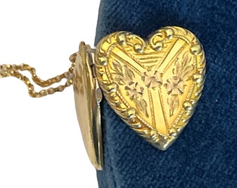 10K Gold Filled Etched Flower Design Heart Locket Pendant With