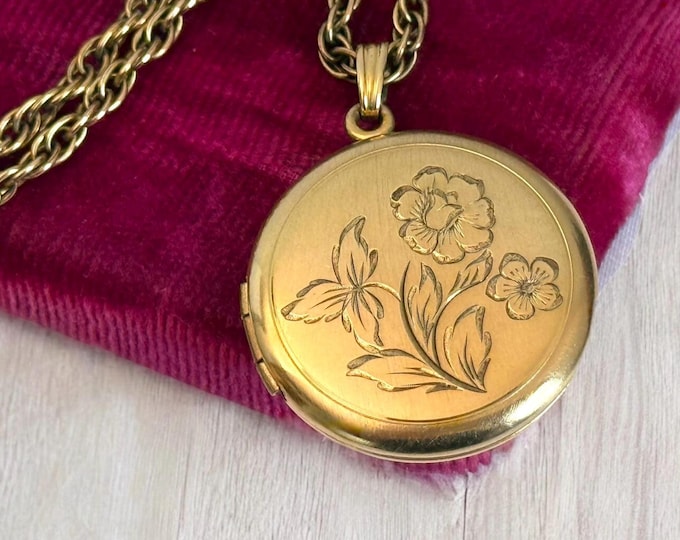 Vintage 12K Gold Filled Round Locket w/ Etched Flower Design - A&Z Hallmark - Large 2 Photo Well Pendant Necklace - Estate Jewelry Retro Era