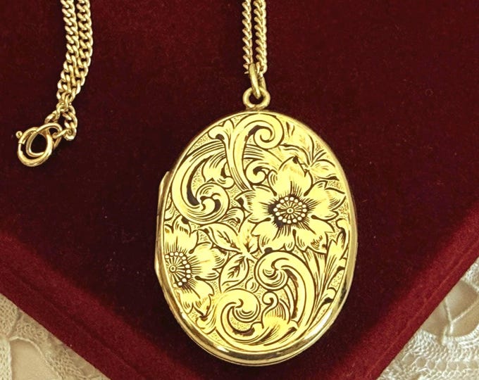 Vintage Gold Filled Locket Necklace: Oval Etched Floral Pendant, 14K GF Chain, 1940s Fisher