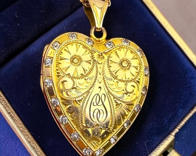 Vintage 12K Gold Filled Heart Locket Necklace: Etched Floral Paste Stone Pendant Monogram CS