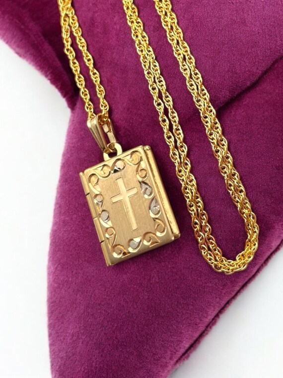 Vintage 14K Gold Filled Book Locket Necklace – Etched Cross Pendant, Tru-Kay Mfg.