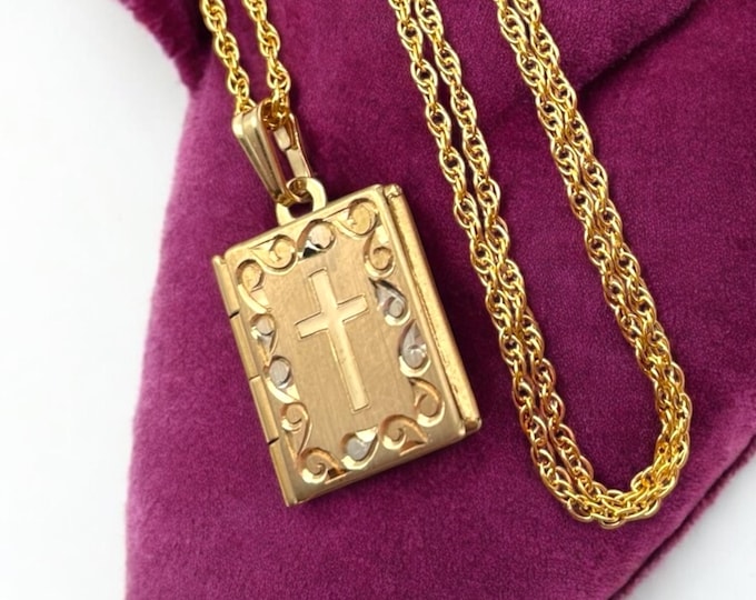Vintage Gold Filled Cross Book Locket - TK Tru-Kay Bible Etched 14K GF Necklace Pendant Keepsake Photo Girl Child's Jewelry Gift for Her