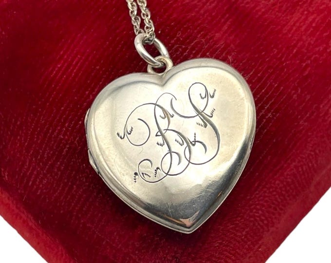 Vintage Large Silver Heart Locket - 925 Sterling Silver Necklace w/ BT Letter Monogram - Photo Pendant 925 Chain Estate Jewelry Gift for Her