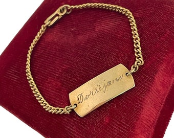 Vintage Gold Filled Engraved Bracelet - 12K GF Doris Jane Love Fred Monogrammed ID Bracelet - Scissor Clasp - Roles MCM 1950s Estate Jewelry
