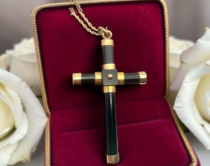 LARGE Antique Mourning Onyx Cross Pendant - Gold Filled Accents, Victorian French Regional Jewelry Circa 1880s Vintage Necklace 14K GF Chain
