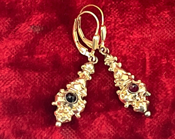 Victorian Garnet & 14K Gold Filled Chandelier Earrings - Pair Antique Repousse Dangle Drops w/ Round Red Gems - Estate Jewelry ca 1800-1900s