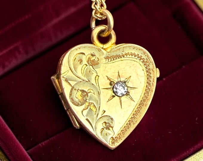Antique Bliss Bros Heart Locket – Etched Floral, Rhinestone, 14K GF Chain